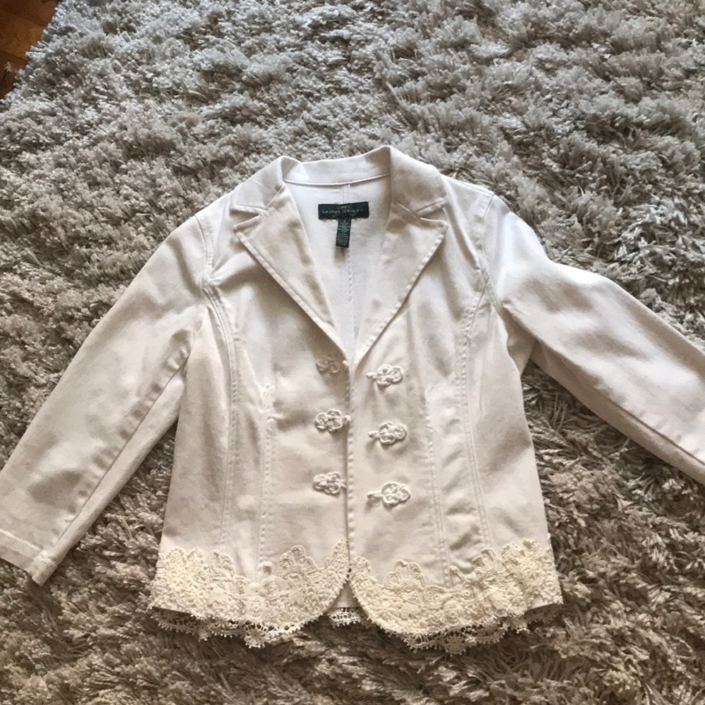 Gorgeous structured white jean and lace jacket